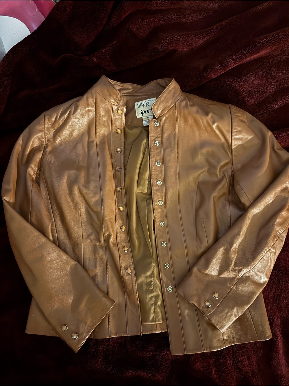 Vakko Metallic Tan Leather Snap-Front Jacket